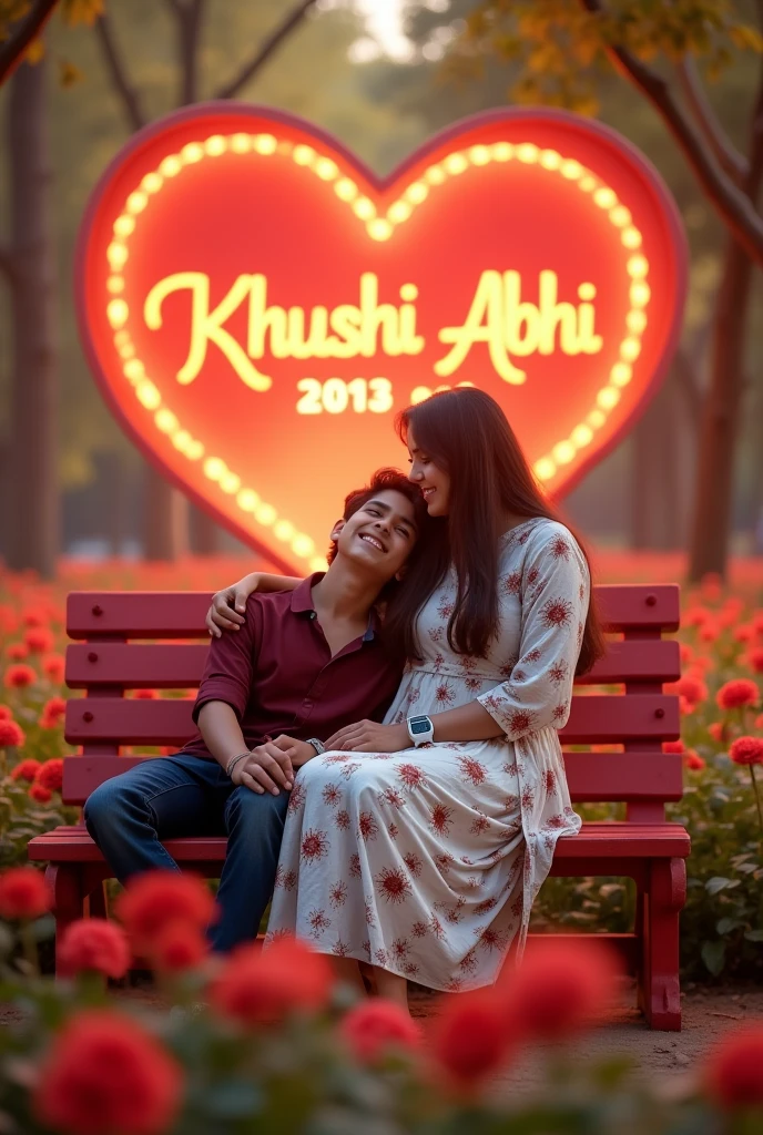 19 years old girl is sitting on red colour banch in a beautiful park and 19 year old boy is lying on girl lap looking each other with smil in love Park, littel down in your wast, beautiful big 3d lighting love hart in background, beautiful flowers in park. boy wearing maroon shirt. The girl wearing white and maroon flowers printed kurti, with smart watch. with name khushi & abhi written on hart. they are looking so Pretty, cute, indian, beautiful chest. High quality 4k pictures”