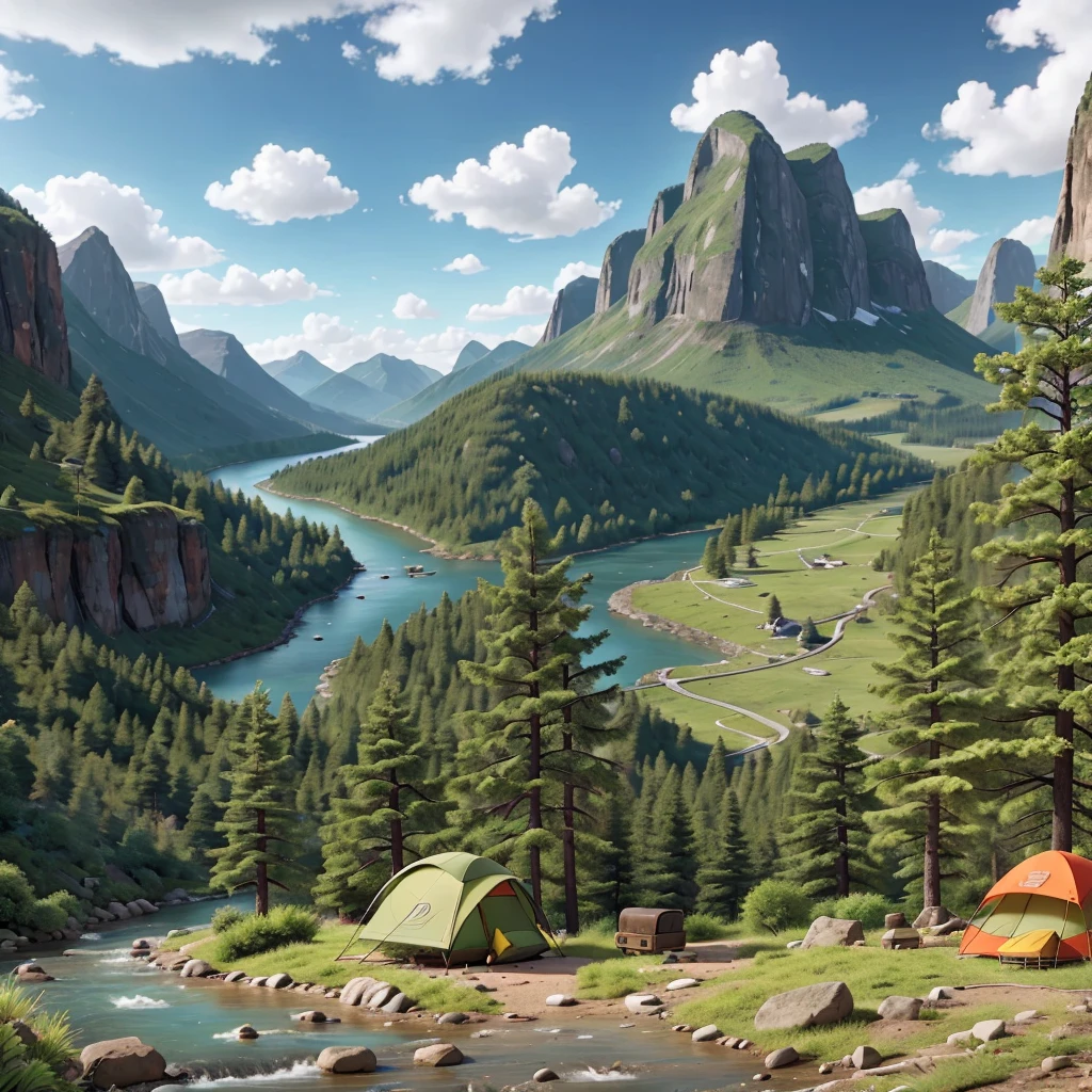 Rat, backpack, tourist equipment, tent, Mountain landscape, trees, mountain river, clouds, sparse mountain vegetation