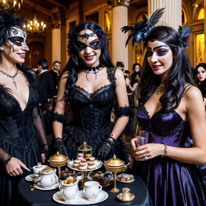 A wild and crazy party with a group of humanlike crows at a masquerade tea party, adorned with copious amounts of shining jewlery and piles of trinkets scattered about. Gothic, laughter, party, raven, feathers, black, revelry, danging