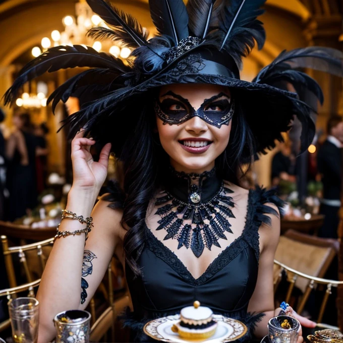 A wild and crazy party with a group of humanlike crows at a masquerade tea party, adorned with copious amounts of shining jewlery and piles of trinkets scattered about. Gothic, laughter, party, raven, feathers, black, revelry, danging
