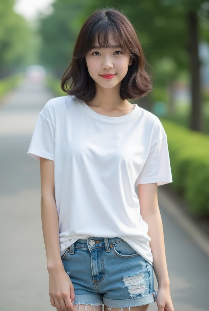 ((Best image quality, 8k, masterpiece:1.3)), A Japanese 20-year-old girl, Beautiful woman with slim abs:1.3, (Casual Hairstyles, Leaking big boobs:1.2), White t-shirt and denim shorts,Extra Large,Ultra-fine small face, Detailed eyes, Double,smile,Very bad shape,Small waist,Super big breasts,close,close chest,White skin,Casual background、Cute Japanese idol face、Bob Hair