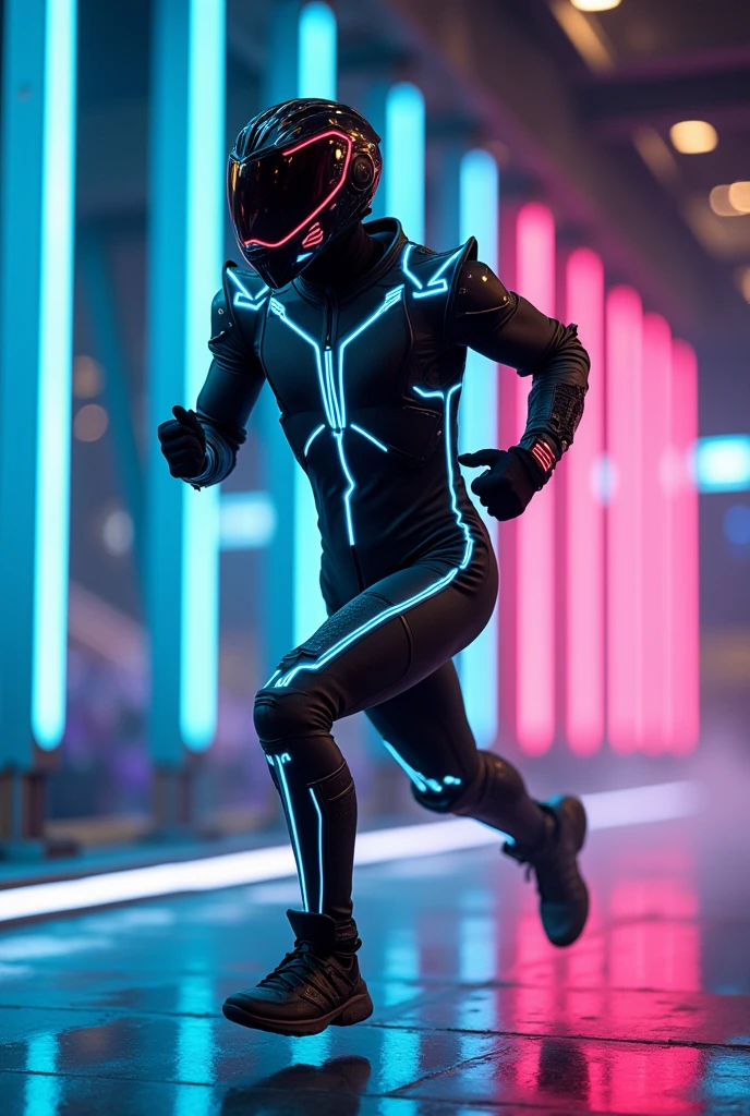 futuristic, neon lighting, (arena stadium in the Tron video game), wearing a Tron bodysuit and helmet, (running pose), masterpiece, ((full body portrait)), photorealistic, Long shot lateral 90º, cinemascope ratio