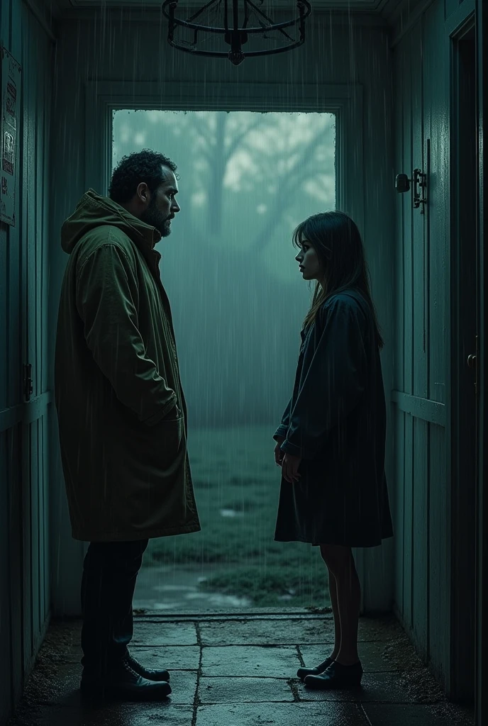 an adult man in a raincoat, was talking to a strange at the door of the house