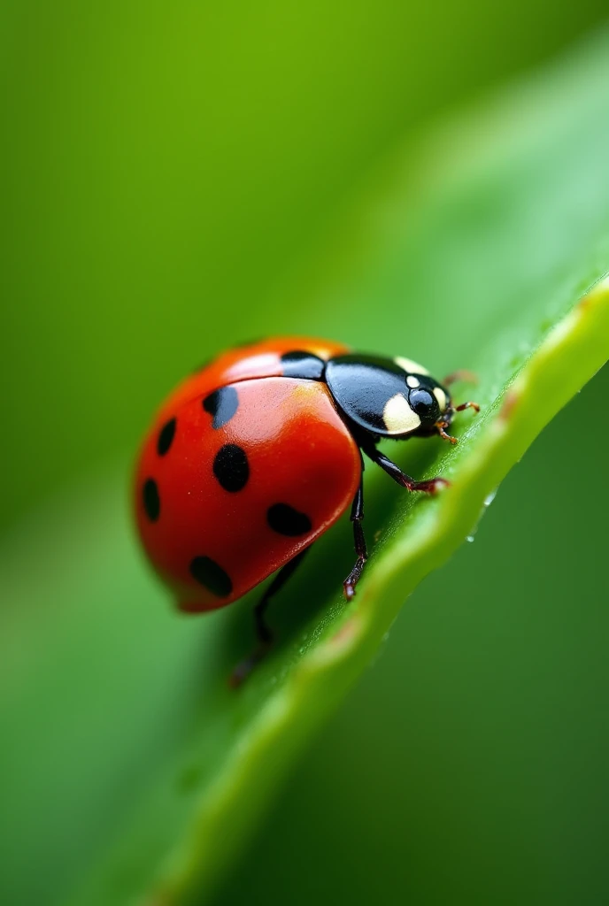 Close-up photograph of a ladybug on a green leaf, ultra-high resolution, photorealistic details, natural lighting, soft focus with a slight vignette effect, macro lens perspective, high dynamic range to capture intricate textures and vibrant colors, sharp focus on the ladybug with a blurred background