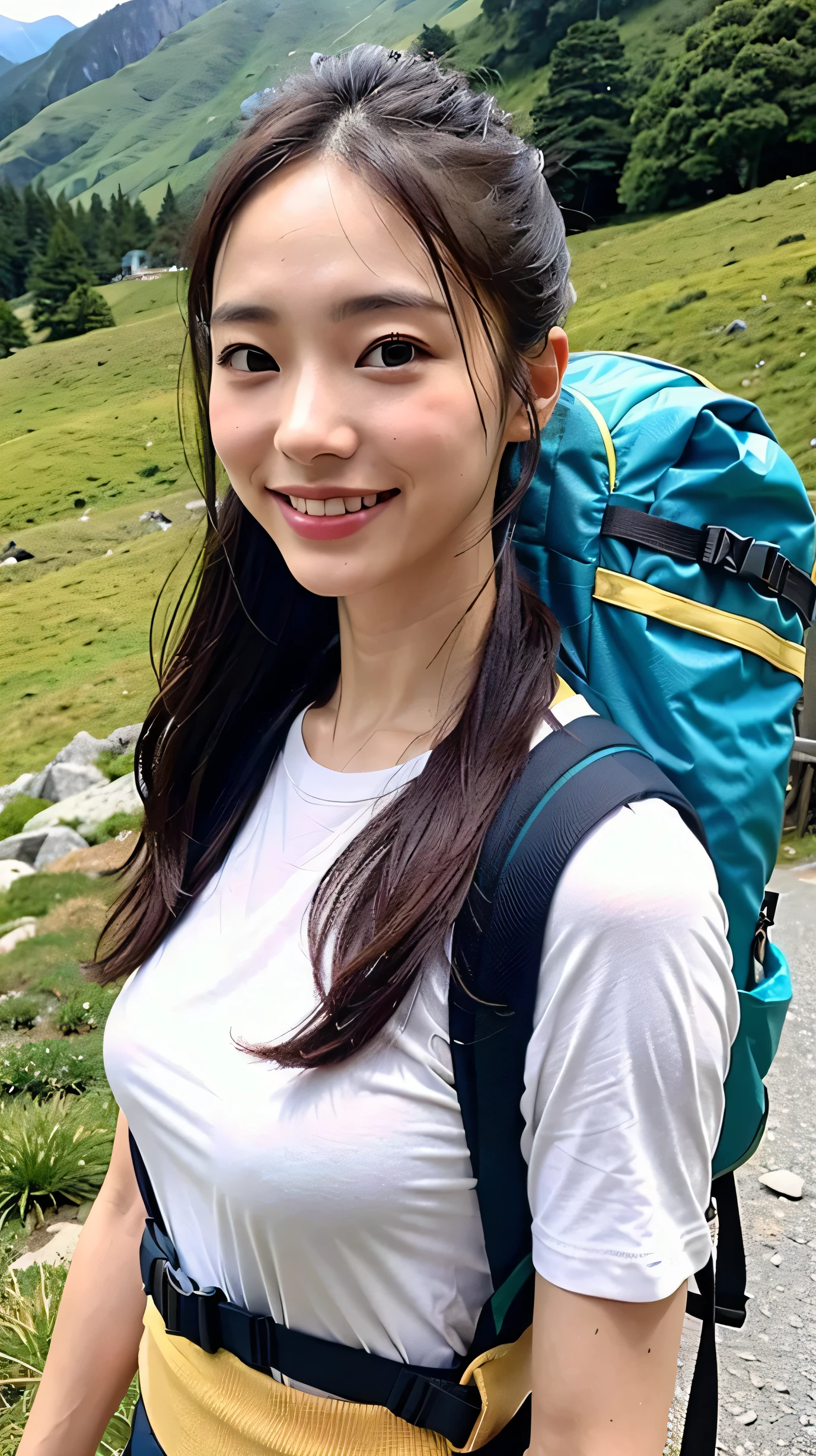 A cute woman similar to An Nakamura、Super clean and slender、Excellent style 、An ultra-high picture quality、extremely delicate face, Skin and hair、((Semi-long chignon hair))、dark brown hair、((White T-shirt and mountaineering pants))、((Mountain Girl))、((A mountain trail bathed in the morning sun))、16k image、A very cute Japan detached face、A slender、middlebreasts、Eyes and nose stand out clearly、Gentle eyes、((Carrying a mountaineering backpack))、((A refreshing smile))