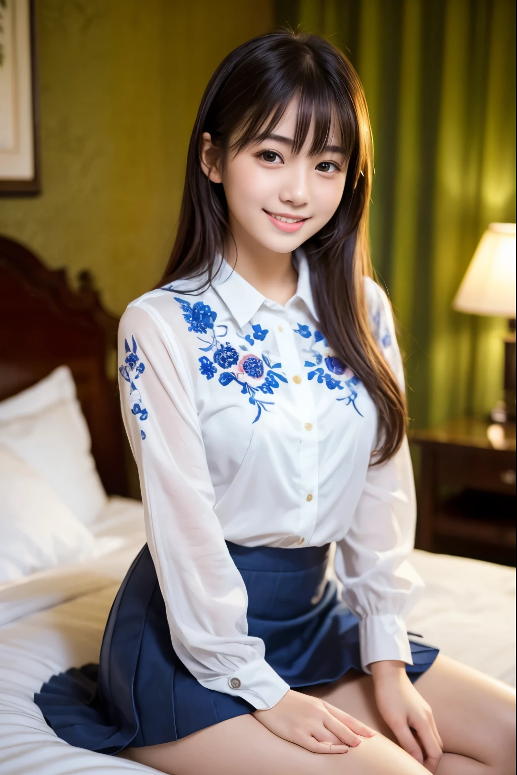ung girl,very cute and beautiful japanese teenress,highly detailed beautiful face, looking at viewer,smile,solo,white blouse,kawaii navy blue skirt with intricate detailed floral embroidery,sitting on bed,spread legs, hotel room,real person,photorealistic