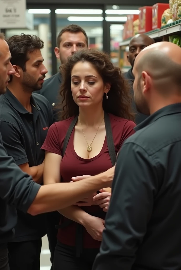 busty grocery store employee gets overpowered and fucked doggystyle by a group of customers, shocked and crying grocery store employee wearing work clothes, surrounded by a group of men, choked and held tight by a group of men