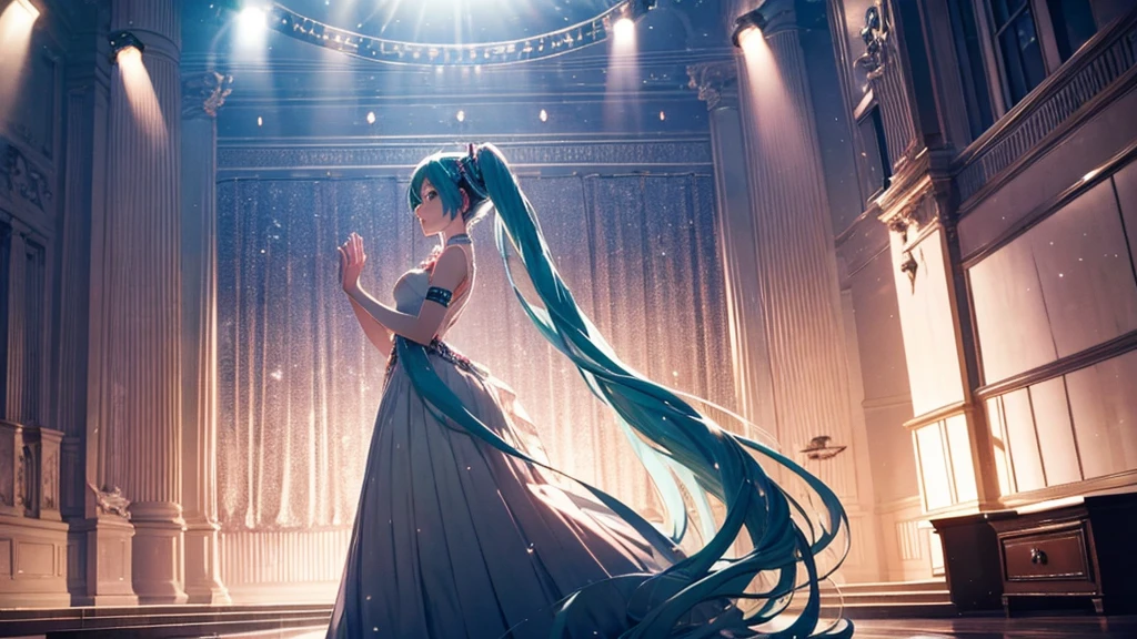 In the ballroom where Hatsune Miku shines、Under the dim light、Wearing an elegant dress、A moving final dance