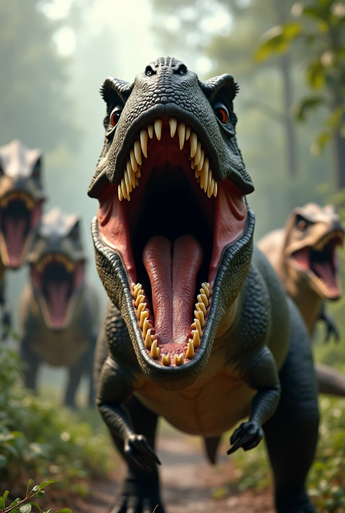 jurassic world, several dinosaurs in the background, t-rex in front highlight, growling loudly, teeth out, angry, study colors, full hd,