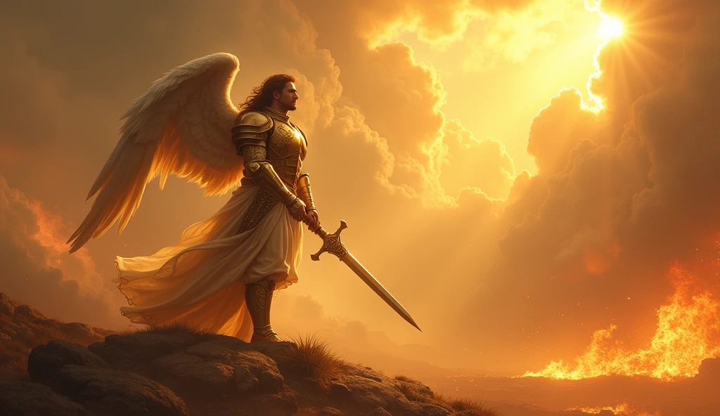 a male angel in golden armor on the battlefield with sword in hand and sunbeams coming out of the clouds and flaming torches falling from the sky
