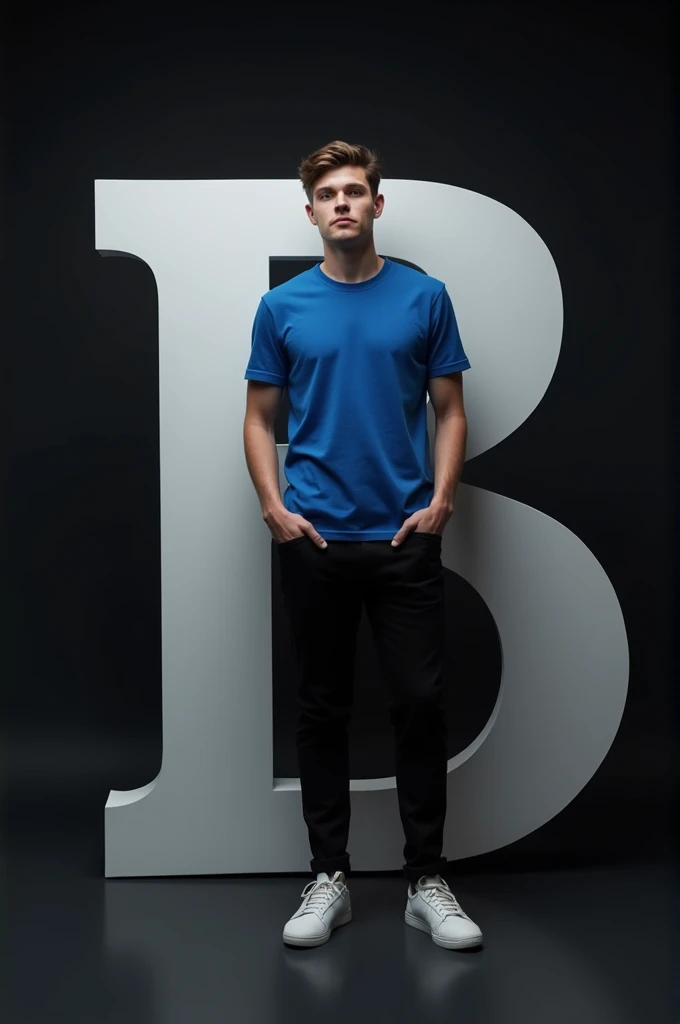 A young man wearing a blue down shoulder t shirt and black trousers wearing white shoes with the letter "B" leaning in white 3D on the black background 3D photos