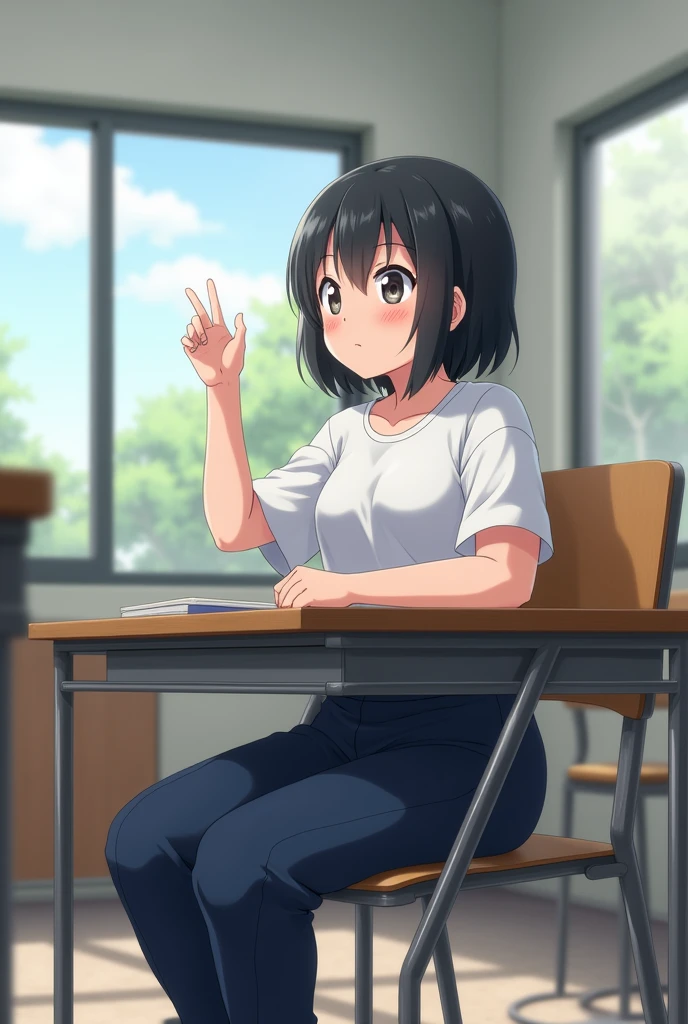 Can you imagine an anime-style girl with shoulder-length black hair, a little chubby, wearing navy blue sweatpants, sitting at her desk, raising her hand?