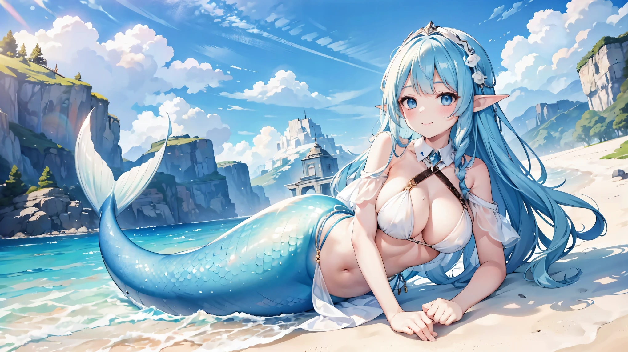 masterpiece, best quality,A girl,Blue Hair,White Dress,Ahog,blue eyes, Elf ears,Solitary,Large Breasts,Mermaid,蓝色的Mermaid尾巴,full-body shot,(In the water:1.2),charming face(Kawaii, charming,Soft),Looking at the audience,Smile,Lying on the beach