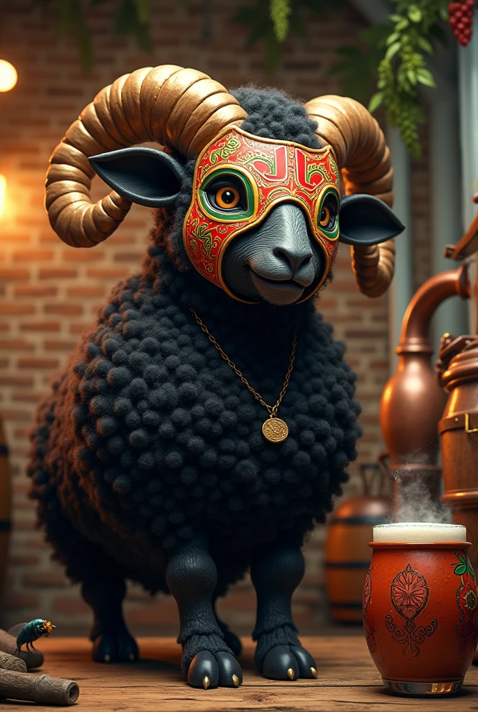 An anthropomorphized black sheep wearing a Mexican wrestler mask brewing craft beer and swatting a fly