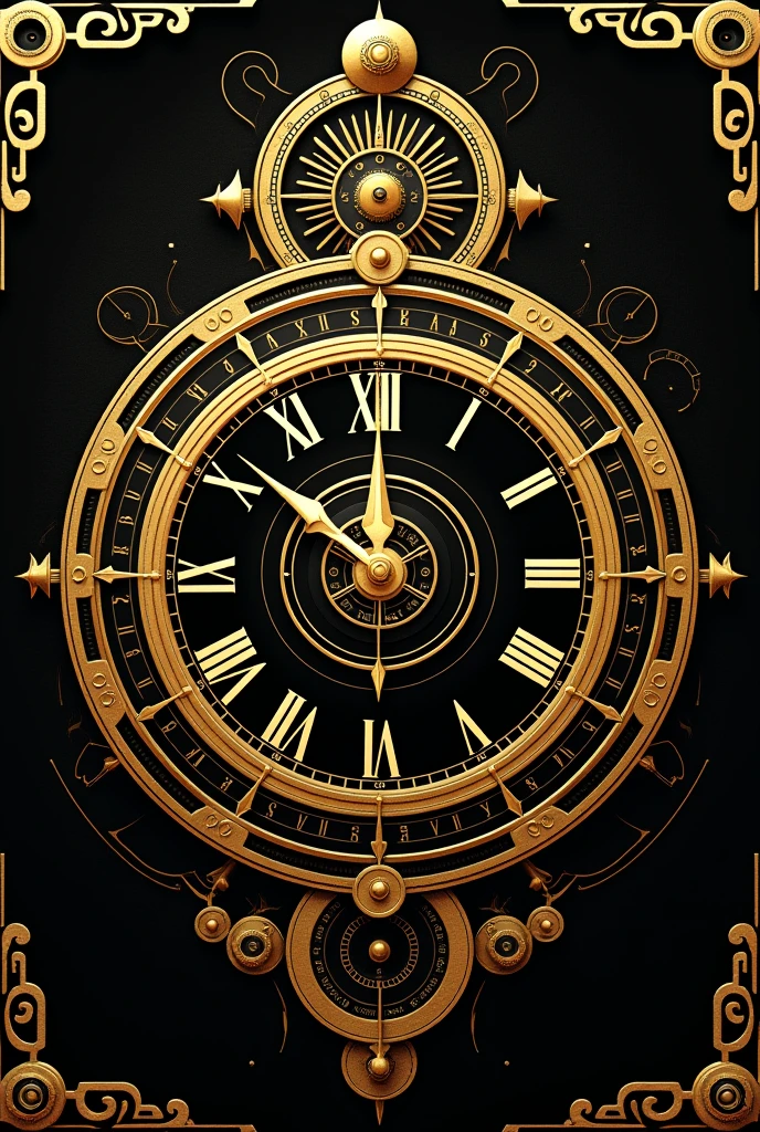 Deus ex Machina design with time travel style, main color is gold, clock image, stylized clock hands.