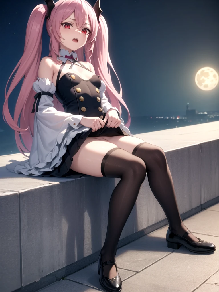 (masterpiece:1.4), beautiful detailed eyes:1.6, uper detailed skin:1.4,  (illustration:0.7), best quality, high resolution, unity 8k wallpaper, extremely detailed face, extremely detailed CG, (krul tepes, red eyes, long hair, pink hair, two side up, hair ornament, small breast, short stature, solo), sitting, beautiful clothes, open breast clothes, torn clothes, show off nipple, nipple, very short skirt, lift skirt, no panties, show off pussy, pussy, black shoes, white thighhighs, embarrassed, open mouth, night, rooftop, Night view, big moon, looking at viewer,　