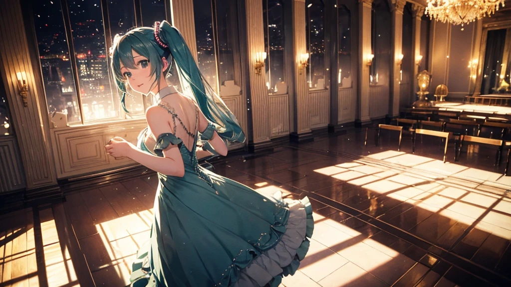 In the ballroom where Hatsune Miku shines、Under the dim light、Wearing an elegant dress、A moving final dance