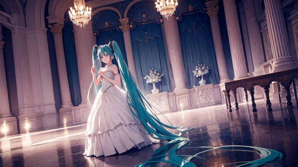 In the ballroom where Hatsune Miku shines、Under the dim light、Wearing an elegant dress、A moving final dance