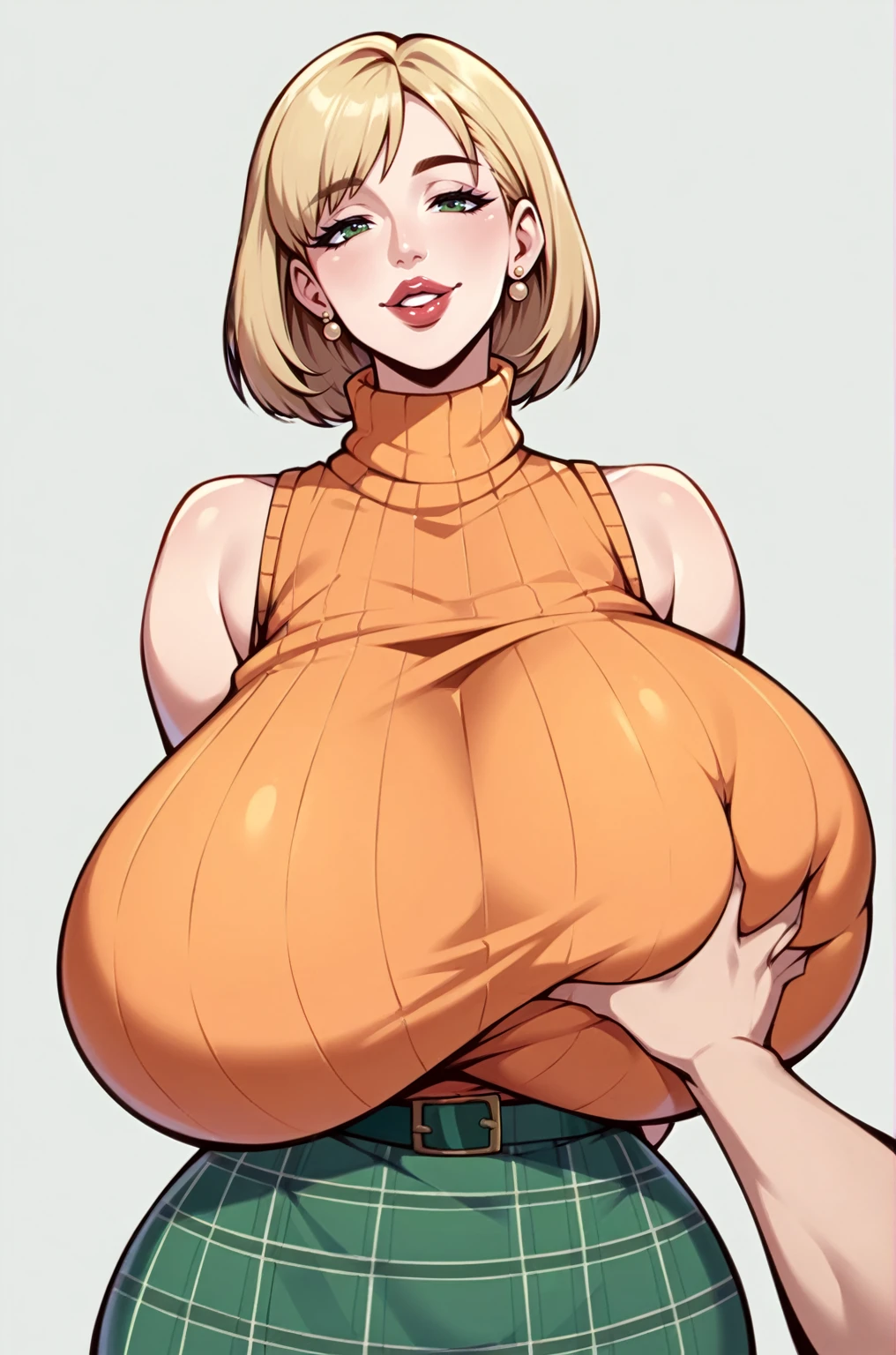 score_9, score_8_up, score_7_up, score_6_up, score_5_up, score_4_up, solo, Ashely Graham from resident evil 4, ((thicc mature mom)), short blonde hair, ((orange sleeveless turtleneck sweater with a burgundy sweater around her neck)), green plaid skirt, big thick full lips, (((pouted lips))), ((squinting pleasured eyes)), ((full body)), ((NSFW)), sexy, seductive, alluring, cute, motherly, joyful smile, pleasured eyebrows, (((gigantic breasts))), sagging breasts, big nipples, wide hips, thick thighs, huge ass, breasts focus, (((two Pov hands groping breasts firmly))), (((from pov))), close up, (upper body), hands behind back