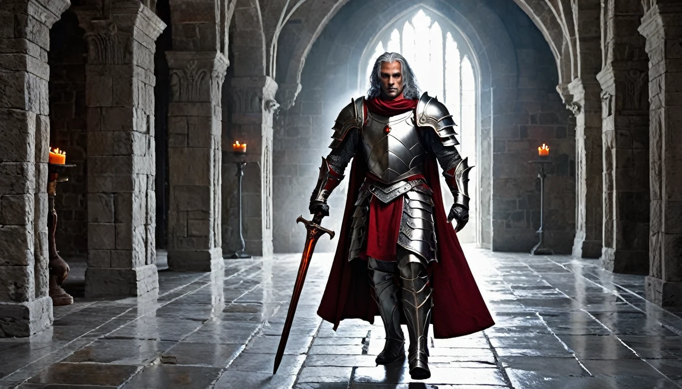 ((masterpiece, The silver armor is intricately decorated throughout.,Gorgeous filigree armor, Detailed fantasy armor)), Inside a stone building, Stone slabs scattered on the floor, A muscular man in armor walking towards the front, dim, Gray Hair, Candles along the walls light up the room., He holds a large, twisted, dark red rapier in his hand., Wearing a dirty cloak, Under his armor he wears a dirty dark crimson loincloth.,There are three small orange gems lined up on the chest., White metal detailing on shoulder