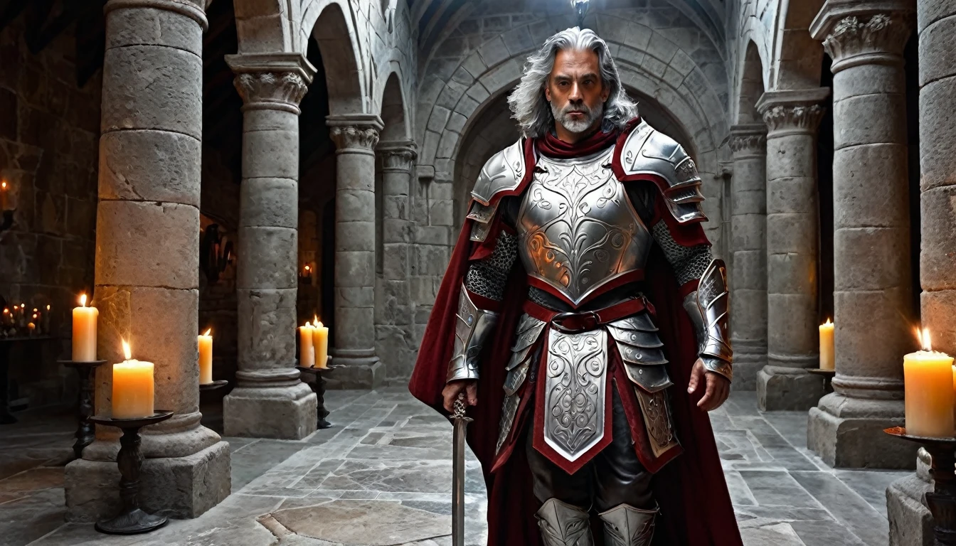 ((masterpiece, The silver armor is intricately decorated throughout.,Gorgeous filigree armor, Detailed fantasy armor)), Inside a stone building, Stone slabs scattered on the floor, A muscular man in armor walking towards the front, dim, Gray Hair, Candles along the walls light up the room., He holds a large, twisted, dark red rapier in his hand., Wearing a dirty cloak, Under his armor he wears a dirty dark crimson loincloth.,There are three small orange gems lined up on the chest., White metal detailing on shoulder