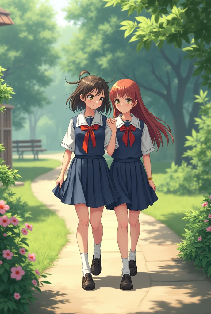 Generate a realistic girl image who wear uniform and go to with his friend a beautiful girl who is very innocent , pure and beautiful
