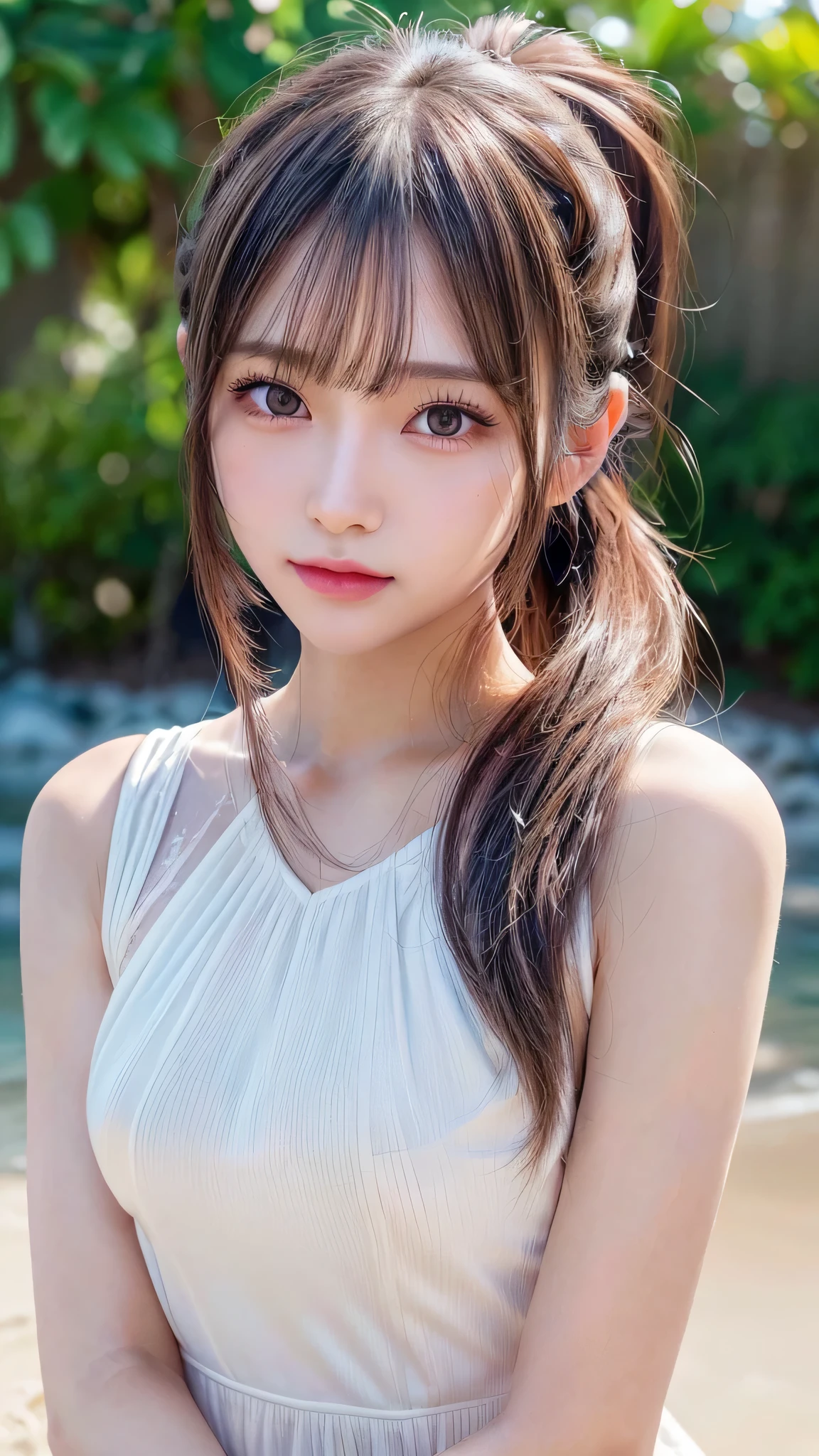 body shot,Outdoor,micro bikini,resort Beach,Ultra-detailed, finely detail, hight resolution, 8K Wallpaper, Perfect dynamic composition, Beautiful detailed eyes,,Close-up of face,,Blushing,Facing forward,Long hair ponytail,((8k, Raw photo, Best Quality, Mastepiece:1.2), (Realism, Photorealistic:1.4), (Highly detailed 8K wallpapers), Depth of written boundary, Cinematic Lighting, Soft Light, Detailed Beauty Eye,Shiny and smooth light brown ponytail, Asymmetrical bangs, Shiny skin, Ultra-detailed skins ,It is high resolution., High detail, Detailed hairstyle, Detailed facial beauty, Hyper-realistic, Perfect limbs, Perfect Anatomy ,1 Japanese girl,Famous Japanese Idols, Perfect female body,A shy smile,Short eyelashes,Double-edged eyelids,Look straight here,Hair style: ponytail,
