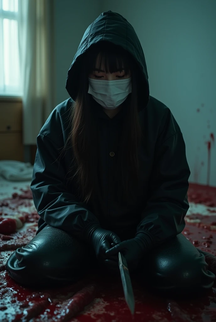 korean girl, (behind corpse, surgical mask), holding knife, stabbing, black gloves, room full of blood, black raincoat, plump, hood up, holding knife, black gloves, behind corpse, blood splatter, bondage, long bangs, bed room, black wet suit, night, mass murderer, killer, robbery, dark atmosphere, cinematic lighting, atmospheric realistic, light from the window close-up,
