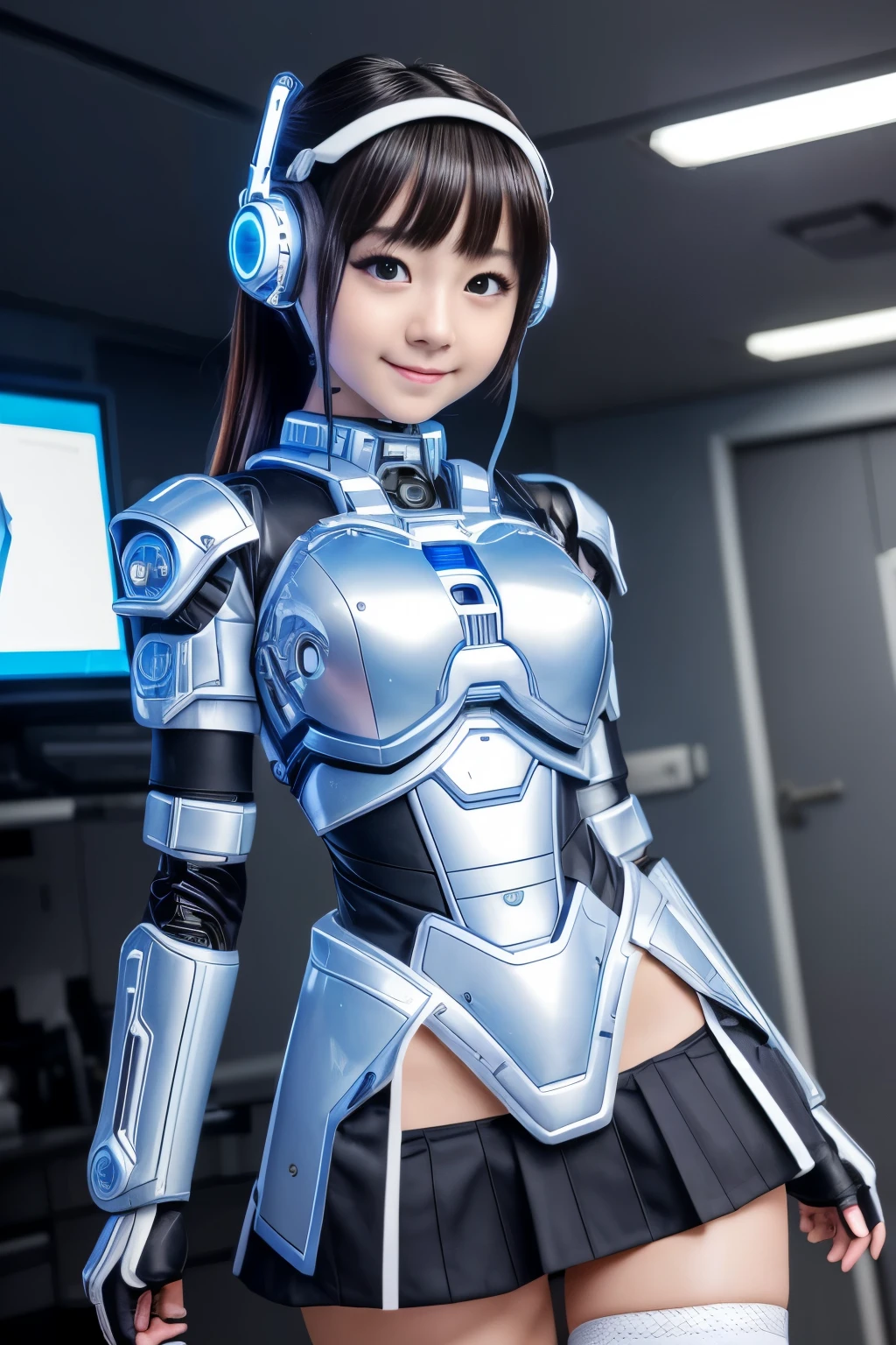 (Highest quality, High resolution, masterpiece:1.2), Very detailed, Realistic:1.37, (Perfect Anatomy),1 girl, actress, Cowboy Shot, Cute and beautiful Japanese girls, JK, Very cute face, (Transformed into a cyber robot),Standing posture,Laughter,Beautiful Eyes,Beautiful Skin,,(Futuristic and cute white and light blue cyber schoolgirl Serafuku), Attractive idol makeup,Tied up black hair,Cute pose,The background is the interior of a cyborg operating room and a monitor screen...