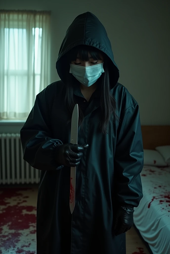 korean girl, (behind corpse, surgical mask), holding knife, stabbing, black gloves, room full of blood, black raincoat, plump, hood up, holding knife, black gloves, behind corpse, blood splatter, bondage, long bangs, bed room, black wet suit, night, mass murderer, killer, robbery, dark atmosphere, cinematic lighting, atmospheric realistic, light from the window close-up,