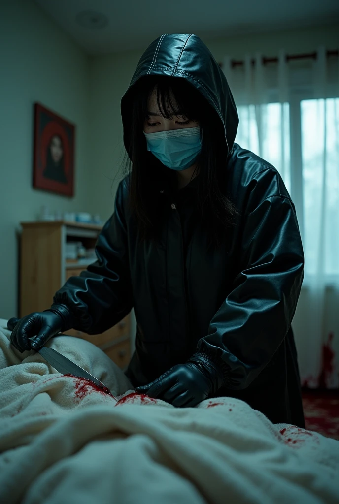 korean girl, (behind corpse, surgical mask), holding knife, stabbing, black gloves, room full of blood, black raincoat, plump, hood up, holding knife, black gloves, behind corpse, blood splatter, bondage, long bangs, bed room, black wet suit, night, mass murderer, killer, robbery, dark atmosphere, cinematic lighting, atmospheric realistic, light from the window close-up,