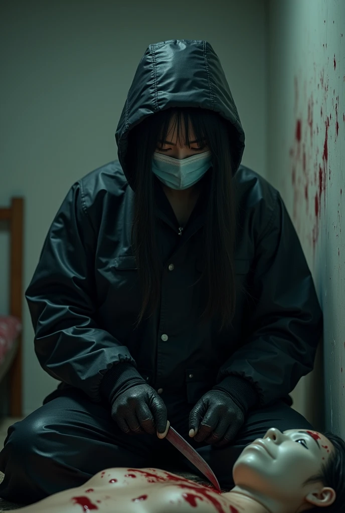 korean girl, (behind corpse, surgical mask), holding knife, stabbing, black gloves, room full of blood, black raincoat, plump, hood up, holding knife, black gloves, behind corpse, blood splatter, bondage, long bangs, bed room, black wet suit, night, mass murderer, killer, robbery, dark atmosphere, cinematic lighting, atmospheric realistic, light from the window close-up,
