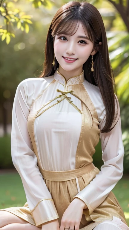 ((Highest quality、8k、masterpiece:1.3))、Ultra HD、Detailed Background、((Ao Dai:1.3))、Young Japanese woman、(Anatomically correct body)、（Perfect Body Beauty:1.3）、(Highly detailed beautiful face、Beautiful skin texture)、Correct finger、Captivating smile、Looking into the camera,(Right Eyes、Beautiful Eyes)、double eyelid、(Huge breasts)、Beautiful curves、Beautiful long legs,Earrings,(spread legs:1.3)