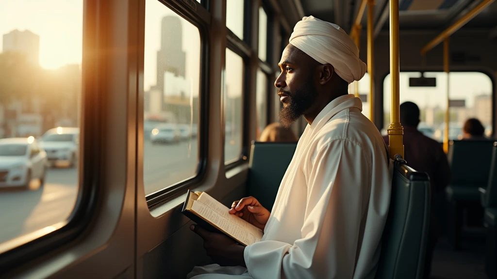 A dignified African Imam wearing traditional attire with a white turban and flowing robes, traveling on a bus, sitting by the window with a calm and reflective expression. The bus interior is detailed, showing seats, handrails, and a subtle reflection of the urban landscape outside. The lighting is soft, with rays of sunlight filtering through the windows, creating a warm and serene atmosphere. The image should maintain a consistent depiction of the Imam across different scenes, showing various moments during his journey, such as reading a book, looking out the window, or interacting with fellow passengers. Photorealistic detail, shot with a 50mm lens, f/2.8, cinematic lighting,  