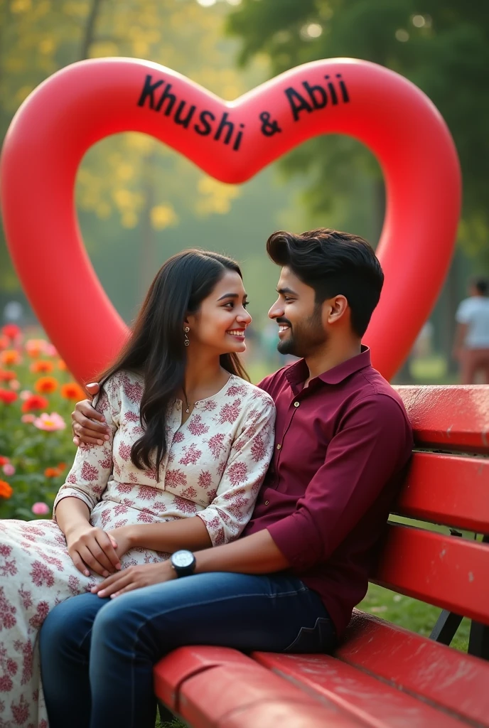  A real 18 year old Indian Couple is sitting on a garden, and both drinking in a Coco cola, boy wearing black pant, white shirt “Shubham” Clear Printed on it bold latters.girl wearing a red lehenga both are smiling, Romantic smile each other, white shoes, watch, bracelet, stylish hair, necklace, green blurry