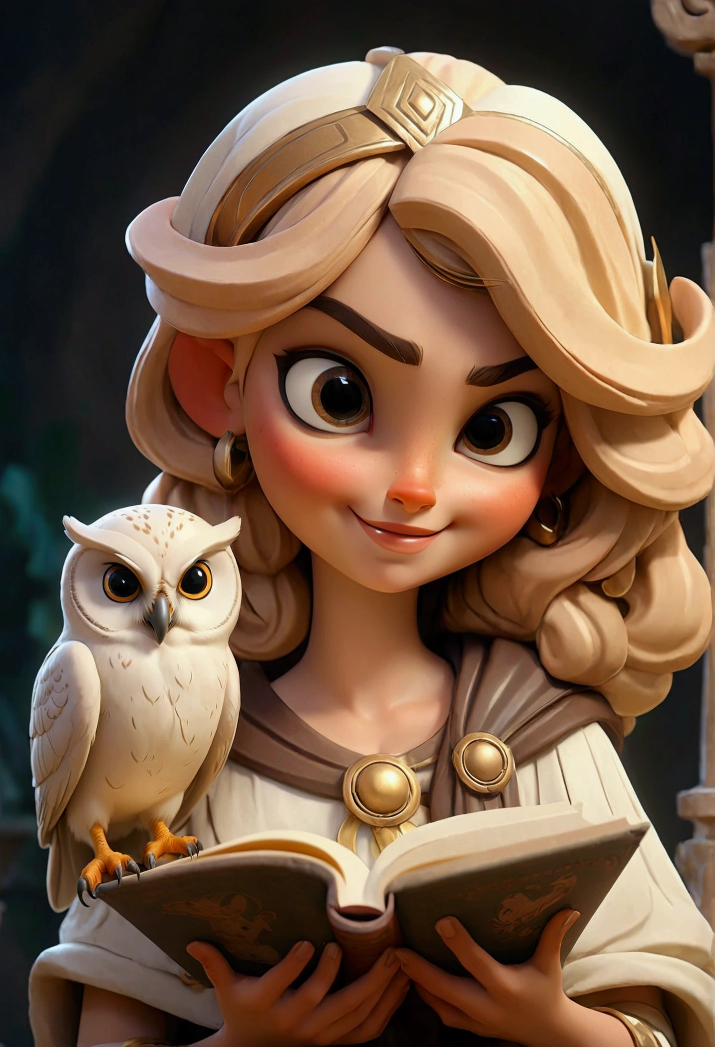 God Athena light-haired with slanted eyes smiling Cheerful and very happy holding a happy owl with a book