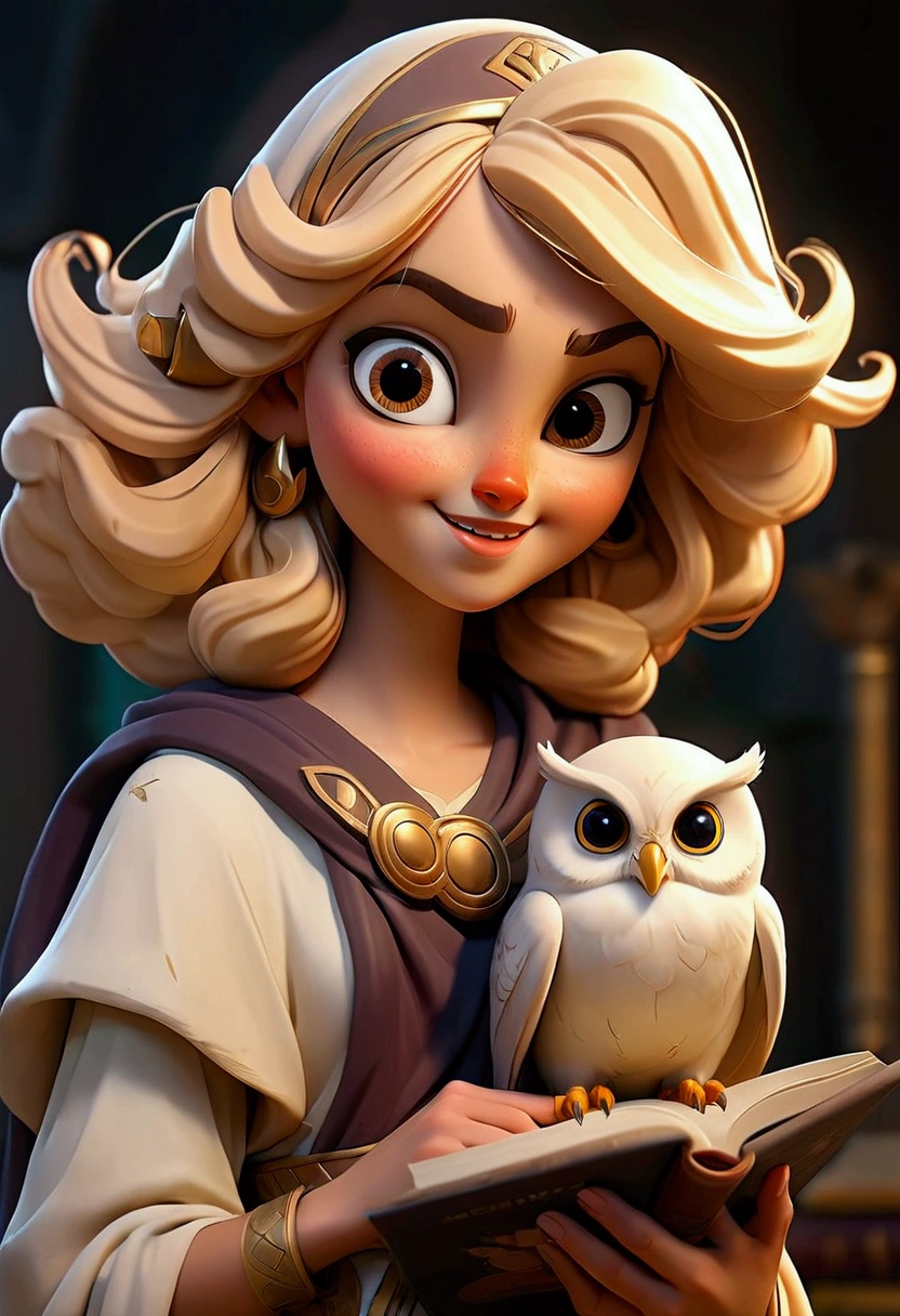 God Athena light-haired with slanted eyes smiling Cheerful and very happy holding a happy owl with a book