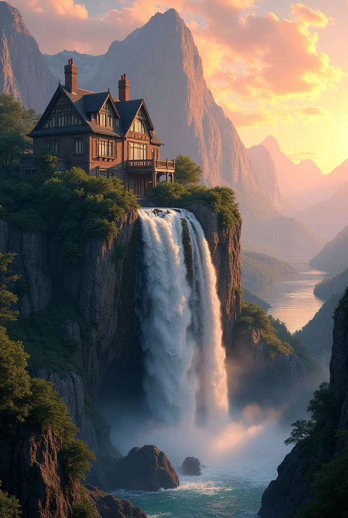 Create a landscape with a waterfall on a mountain and on the left side of the image a British style house near the peak of the mountain and in the background of the house a sunset and a distant lake