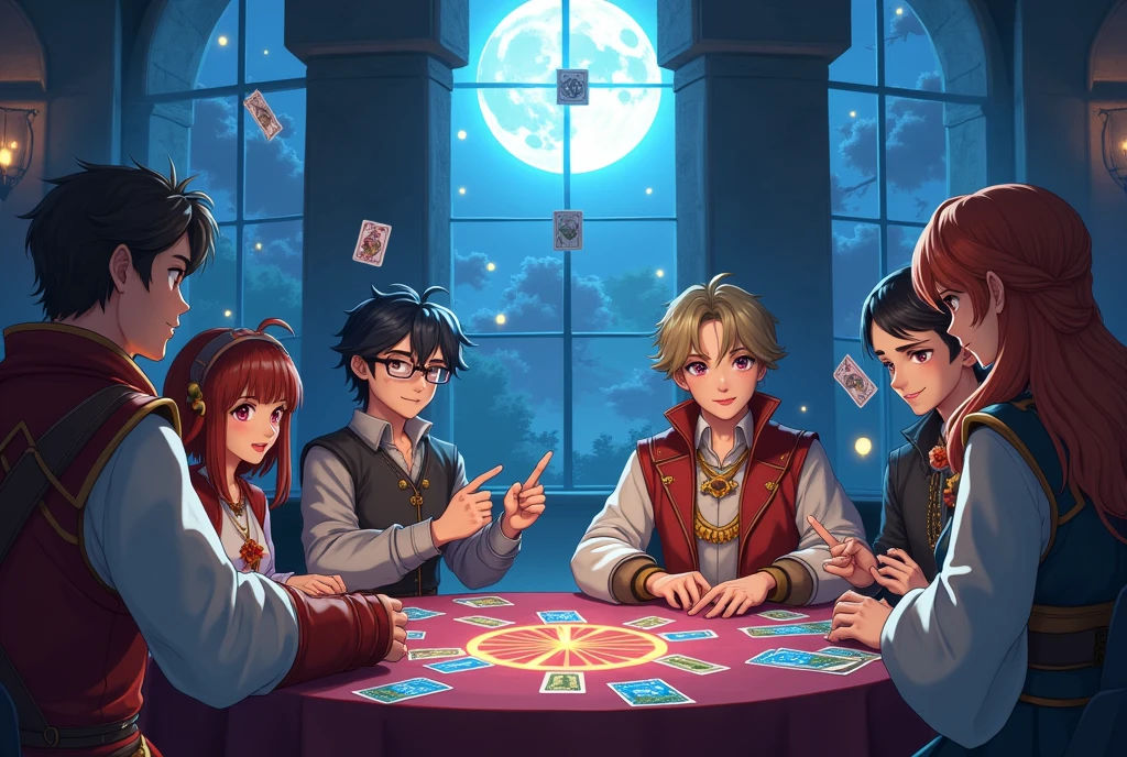 Card games, Fantasy-style world、Inside the Magic Castle、Moonlight pours in through the large windows, anime,
Adventurers in medieval costumes、A scheming expression,
Magical Cards、Floating cards、Fantastic effects,