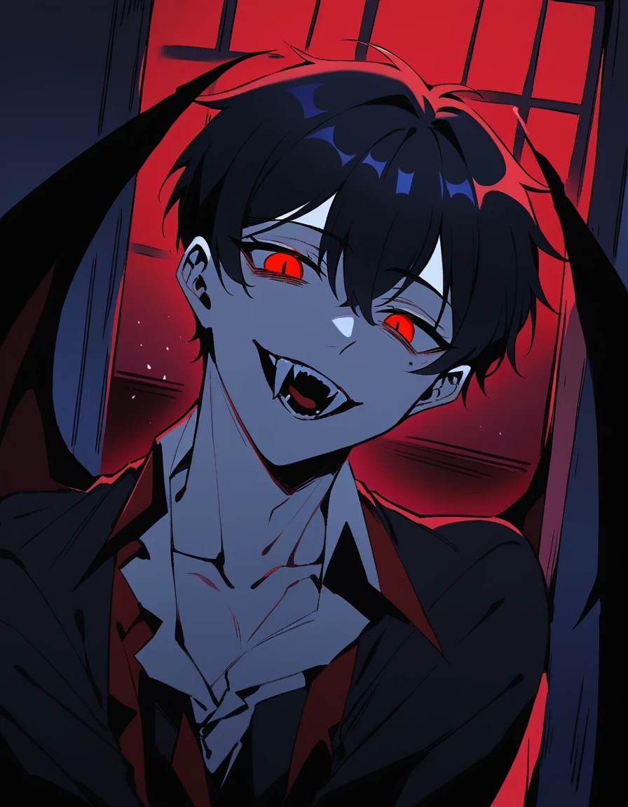 boy, vampyre, light gray skin, fluorescent red eyes, sharp fangs, malicious smile, look bad, mole below the right eye, big strip, short black hair, mini black wings on the head, All black outfit with long sleeves and the inside of the sleeve is red, sharp fingernails. He is in a simple, poorly lit room., your arms seem to be wrapped around your own wings, as if hiding it, your smile is scary, in front of him is the bed and behind him is an open door to the lighted bathroom. Dark room with door lit by bathroom, window with open curtain next to the character, starry night outside. The character is near the bed. Bedroom bad ilumined. Close-up. FULL HD image. 2 versions of the same boy, vampire version and human version.