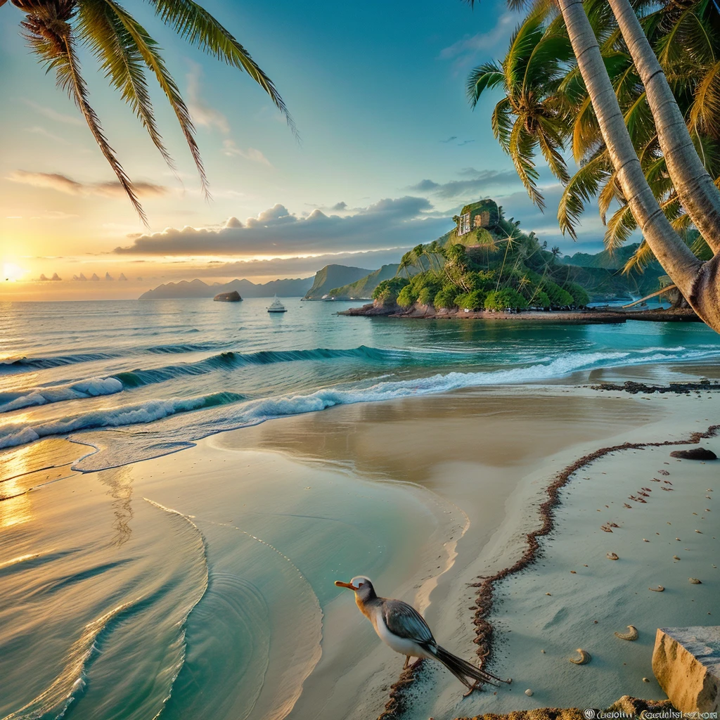 high resolution、realistic、sea、beach、Coconut tree、Crab、good atmosphere、There are gentle waves.、Islands and mountains、Golden Hour、Birds fly back to their nests、A boat in the distance、