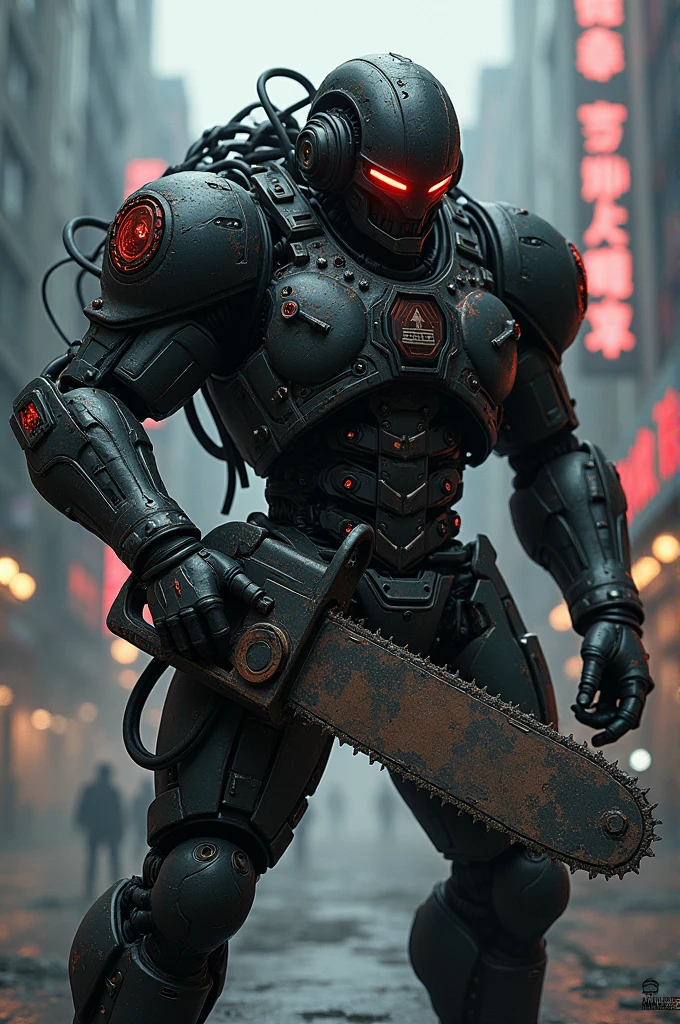 Dark_fantasy,cyberpunk,(chain saw,chain saw man,Red:1.1),1man,Mechanical marvel,Robotic presence,Cybernetic guardian,