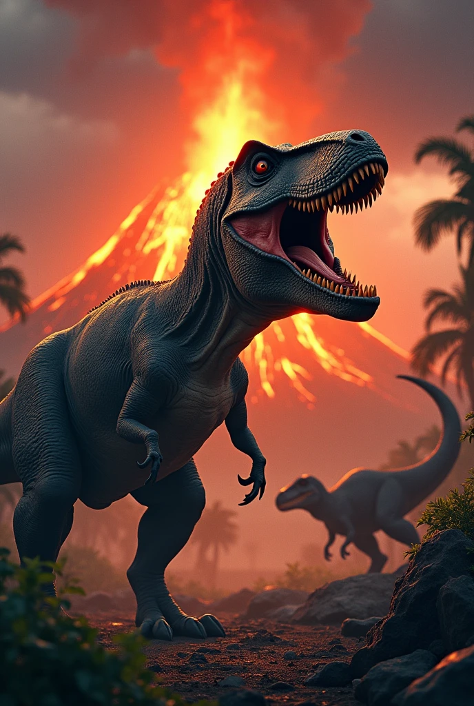 jurassic world, volcano and dinosaurs in the background, t-rex in front facing sideways, growling loudly, teeth out, angry, study colors, full hd