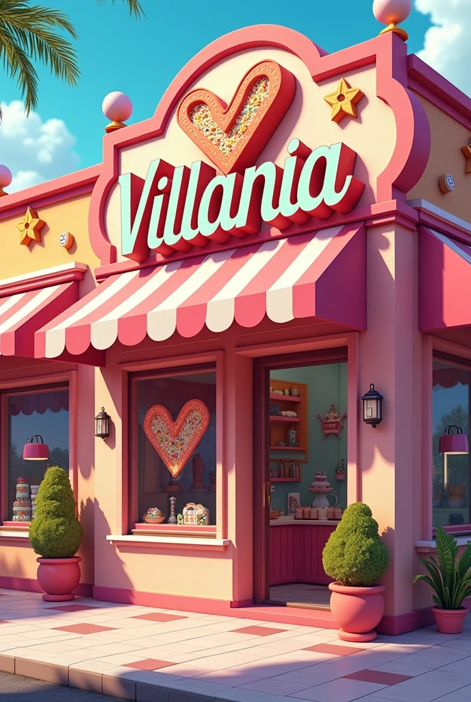 Create a cereal bar store front with a sign "Villania" with a logo with 2 Vs
