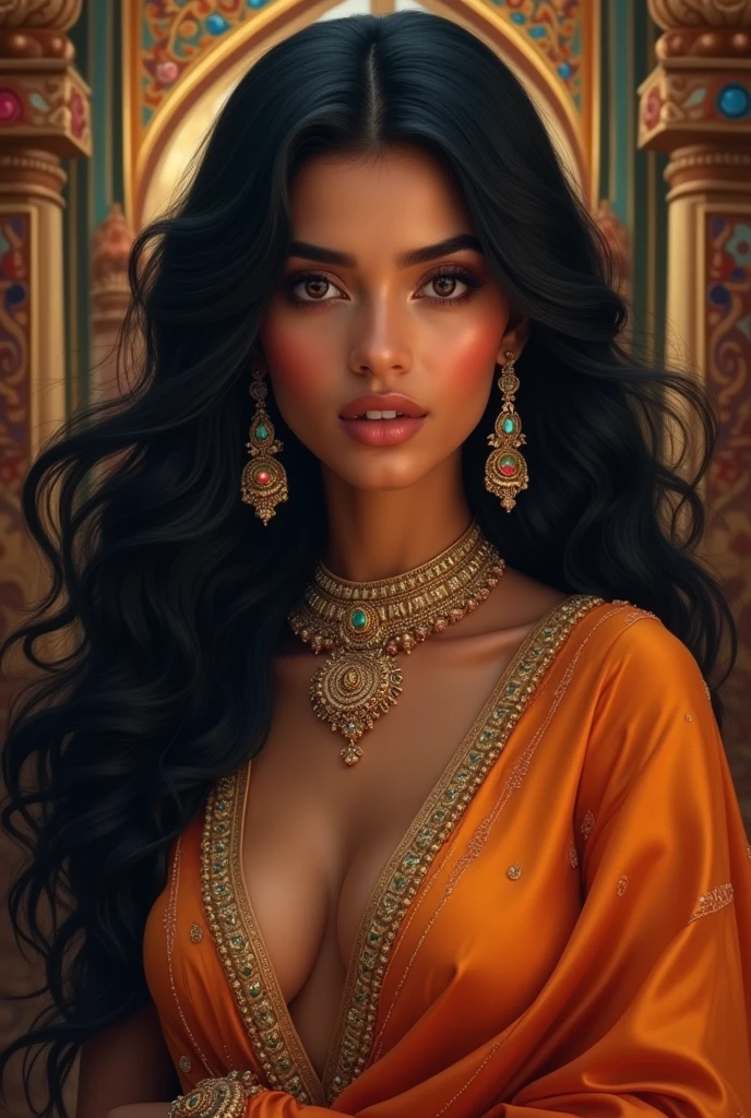 a beautiful indian woman, detailed face, long dark hair, intricate jewelry, colorful sari, ornate background, warm lighting, photorealistic, high resolution, detailed textures, dynamic composition, cinematic color palette, digital painting, concept art style