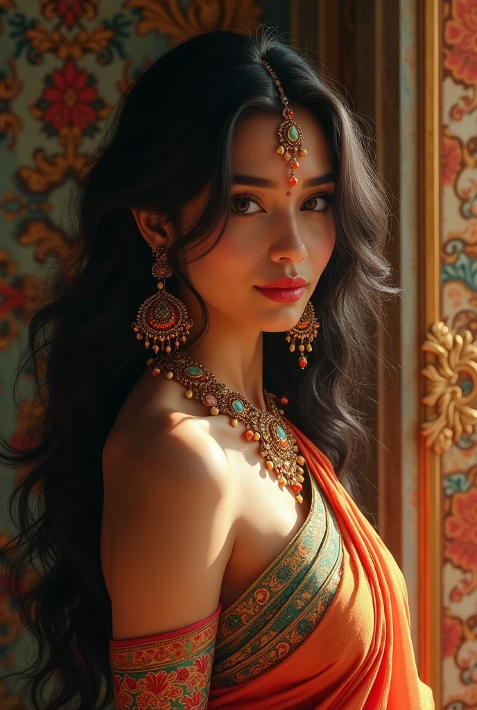 a beautiful indian woman, detailed face, long dark hair, intricate jewelry, colorful sari, ornate background, warm lighting, photorealistic, high resolution, detailed textures, dynamic composition, cinematic color palette, digital painting, concept art style