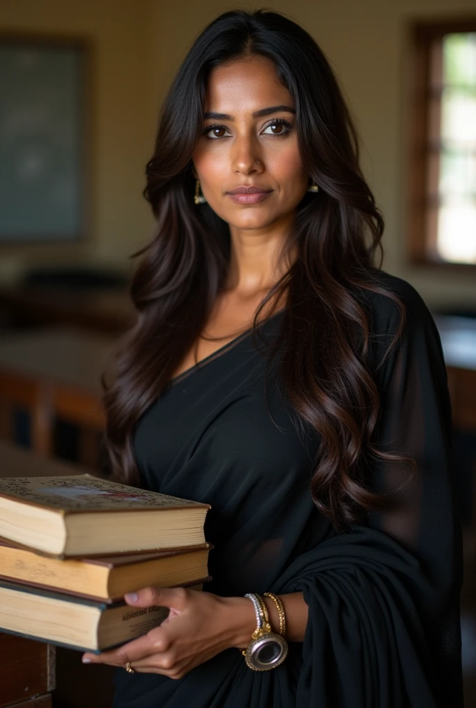 Hot rajastani woman age 35 with black eyes long broun hair in black saree in school with books in here hand