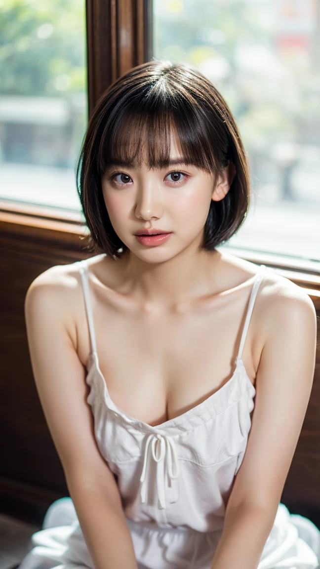 (girl1人, girl, Full body portrait, Large Breasts, Short Bob Hair, Upper body naked, Nipples are visible, White panties), Fair-skinned, shiny thin lips, skinny, Body Type, Delicate and collarbone, Highest quality, RAW Photos, Realistic, face, 信じられないほど美しいgirl, cute, Depth of written border, High resolution, 超detailed, detailed, Very detailed, extremely detailed eye and face, Sharp pupils, Sharp focus, Cinema Lighting