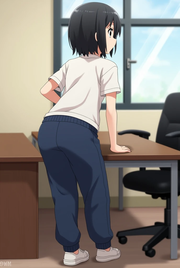 Can you imagine an anime-style girl with shoulder-length black hair, a little chubby, wearing navy blue sweatpants, sitting at her desk and getting up from her chair?