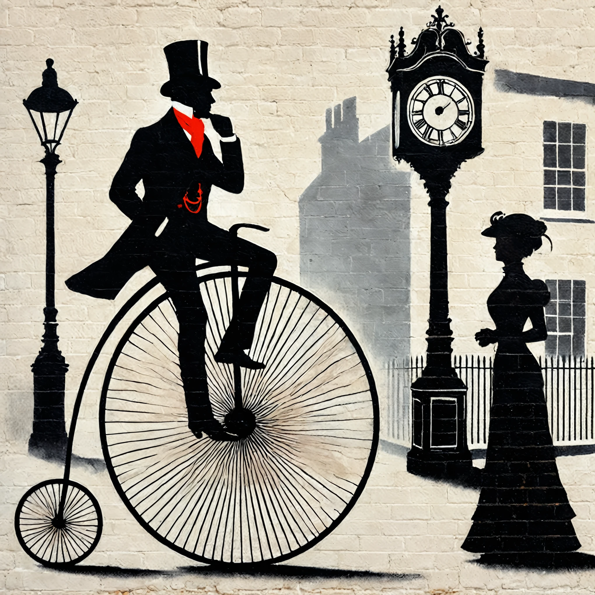 there is a painting of a man riding a bicycle with a woman on it, victorian age, victorian london, victorian city, painted on a brick wall, bicycle, painted on a giant wall, victorian era, nostalgia, victorian england style, nineteenth century london, victoriana, victorian england, the passage of time, on a wall, wall painting, steampunk illustration